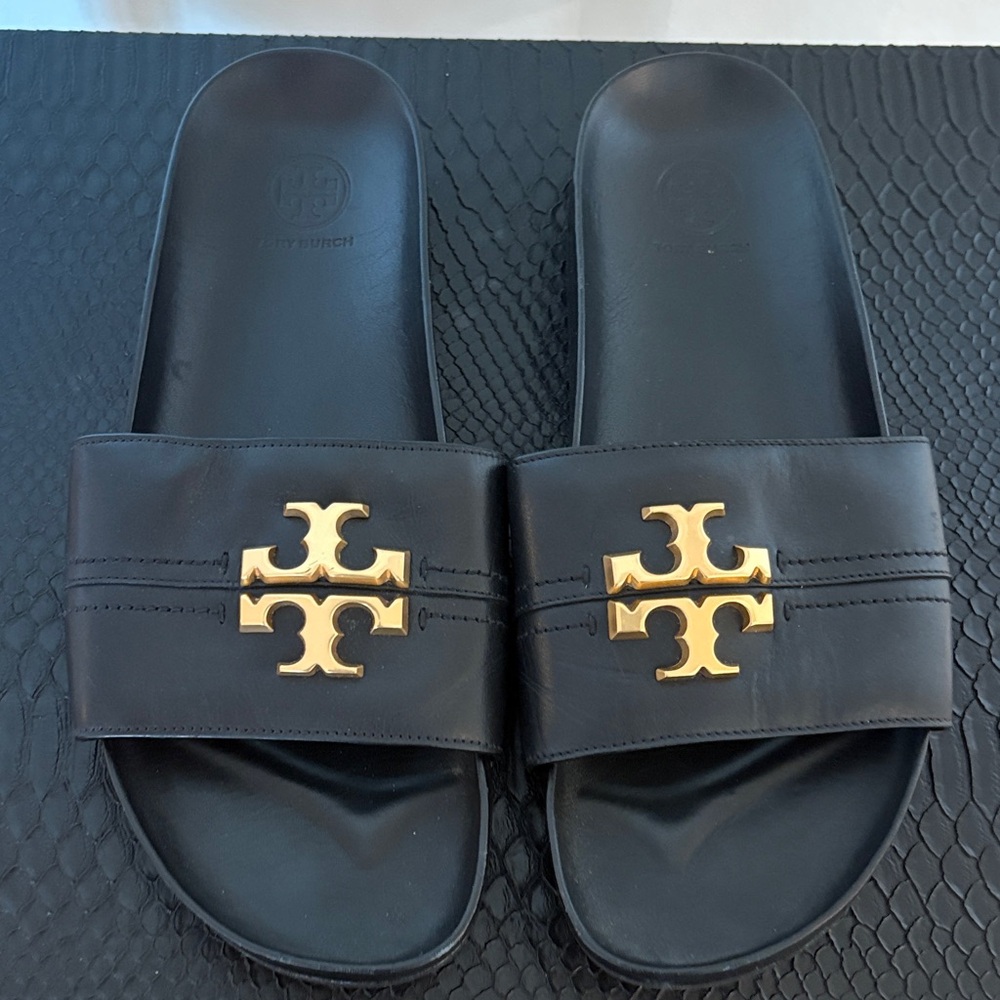 Tory Burch Black Slide Sandals with Gold Logo